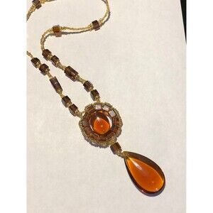 Vintage Amber Colored Glass Repurposed 18” Pendant Necklace